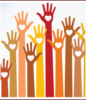 Drawing of a diversity of students' raising their hands with hearts